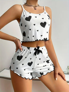 2 Pieces Pajamas Set Women Sleepwear Heart Print Crop Tops and Shorts Suit Homewear Underwear Pijama Sexy Lingerie Nighty