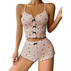 Women's Pajamas Set Sleepwear 2 PCS Short Tank Tops And Shorts S M L White Ventilate Soft Casual Love Printing