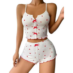 Women's Pajamas Set Sleepwear 2 PCS Short Tank Tops And Shorts S M L White Ventilate Soft Casual Love Printing