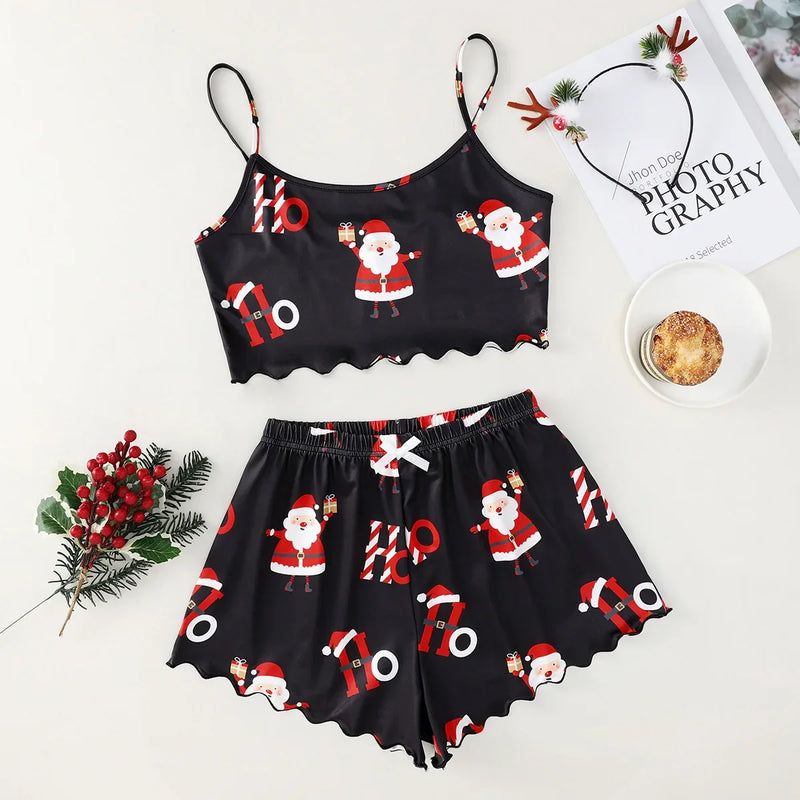 Christmas Santa Claus Element Print Pajama Set for Women's Sleepwear 2 Pieces Crop Tops and Shorts Homewear Loungewear