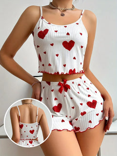 2 Pieces Pajamas Set Women Sleepwear Heart Print Crop Tops and Shorts Suit Homewear Underwear Pijama Sexy Lingerie Nighty
