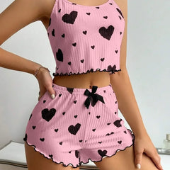 2 Pieces Pajamas Set Women Sleepwear Heart Print Crop Tops and Shorts Suit Homewear Underwear Pijama Sexy Lingerie Nighty