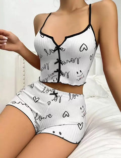 Women's Pajamas Set Sleepwear 2 PCS Short Tank Tops And Shorts S M L White Ventilate Soft Casual Love Printing