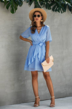 V Neck Ruffled Hem Wrap Dress