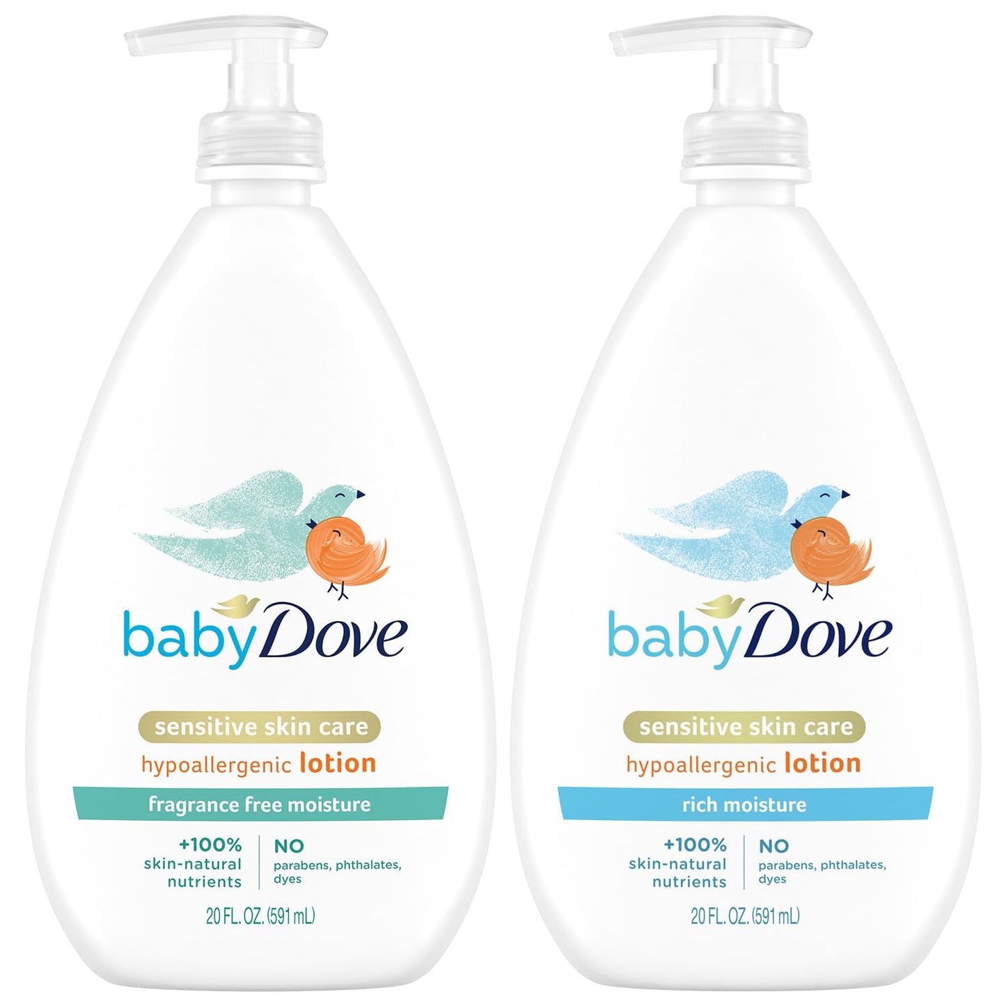 Dove Baby Lotion Bundle – Sensitive Skin Care Hypoallergenic Lotion Nourishing & Hydrating Baby Lotion for Newborn Rich Moisture & Fragrance Free Moisture 20 Oz (2 Piece Set)