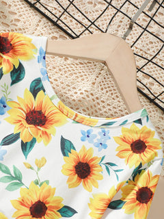 Kids Sunflower Print Round Neck Long Sleeve Dress