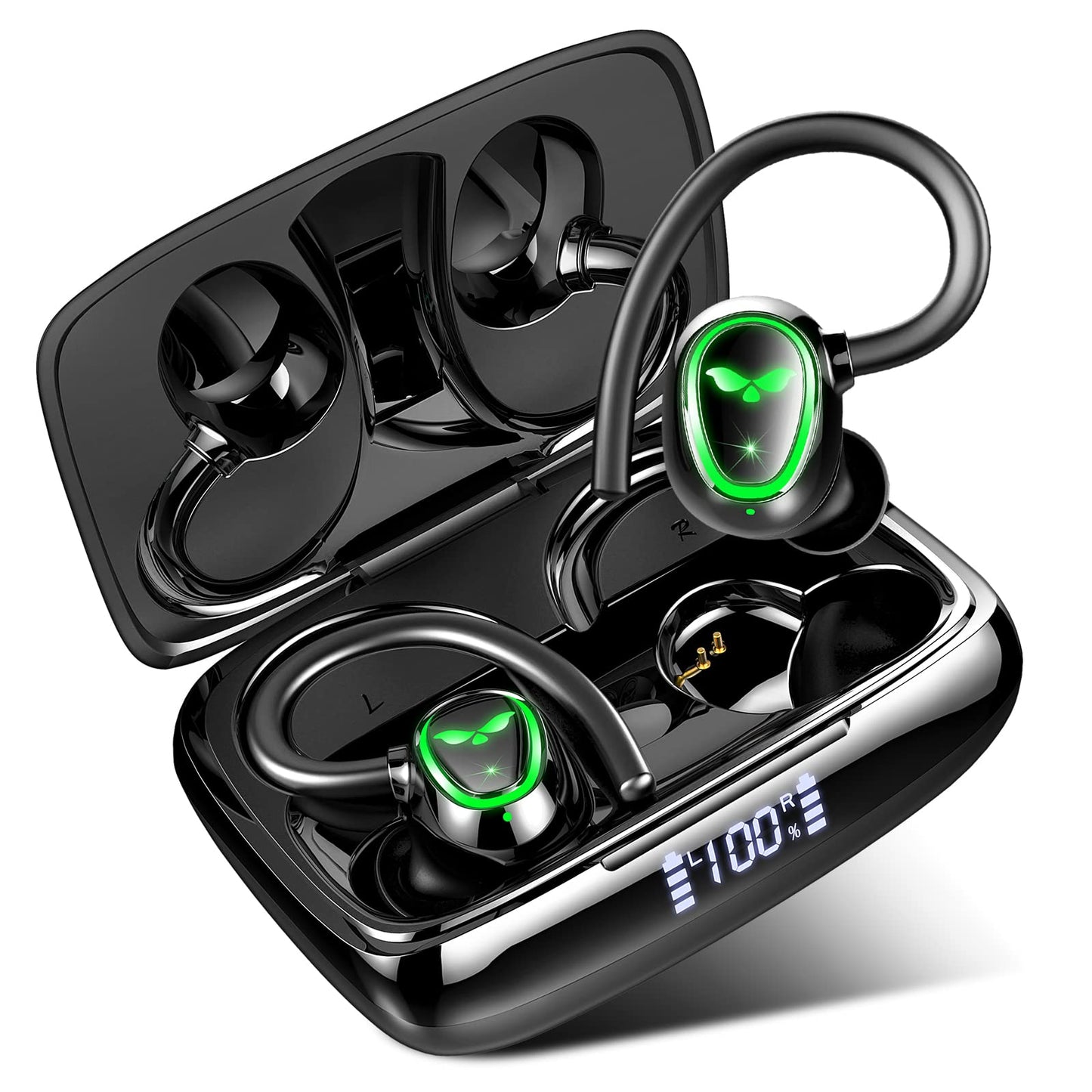Wireless Earbud Bluetooth 5.3 Headphones Sport Earphones in Ear 48H Playback Stereo Noise Cancelling Earbud with Dual Mic LED Display Over-Ear Earhooks Ear Buds IP7 Waterproof Headset for Running Gym