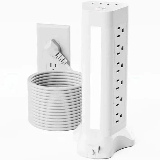 22-in-1 Power Strip Tower with 4 USB Ports & 9 AC Outlets, 10ft Extension Cable, 3-Color Night Light