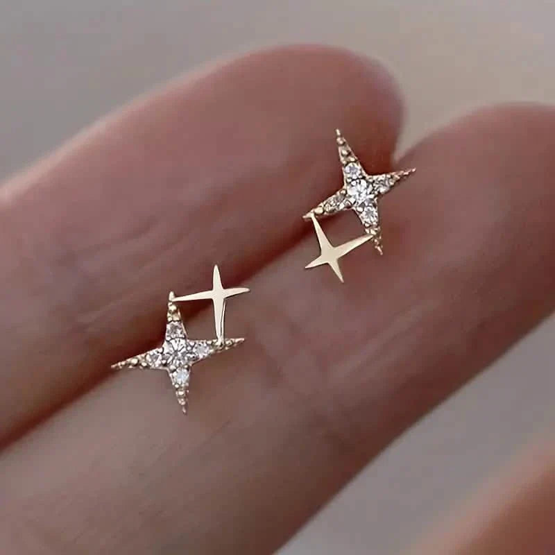 Double Star Design Stud Earrings Inlaid Zirconia