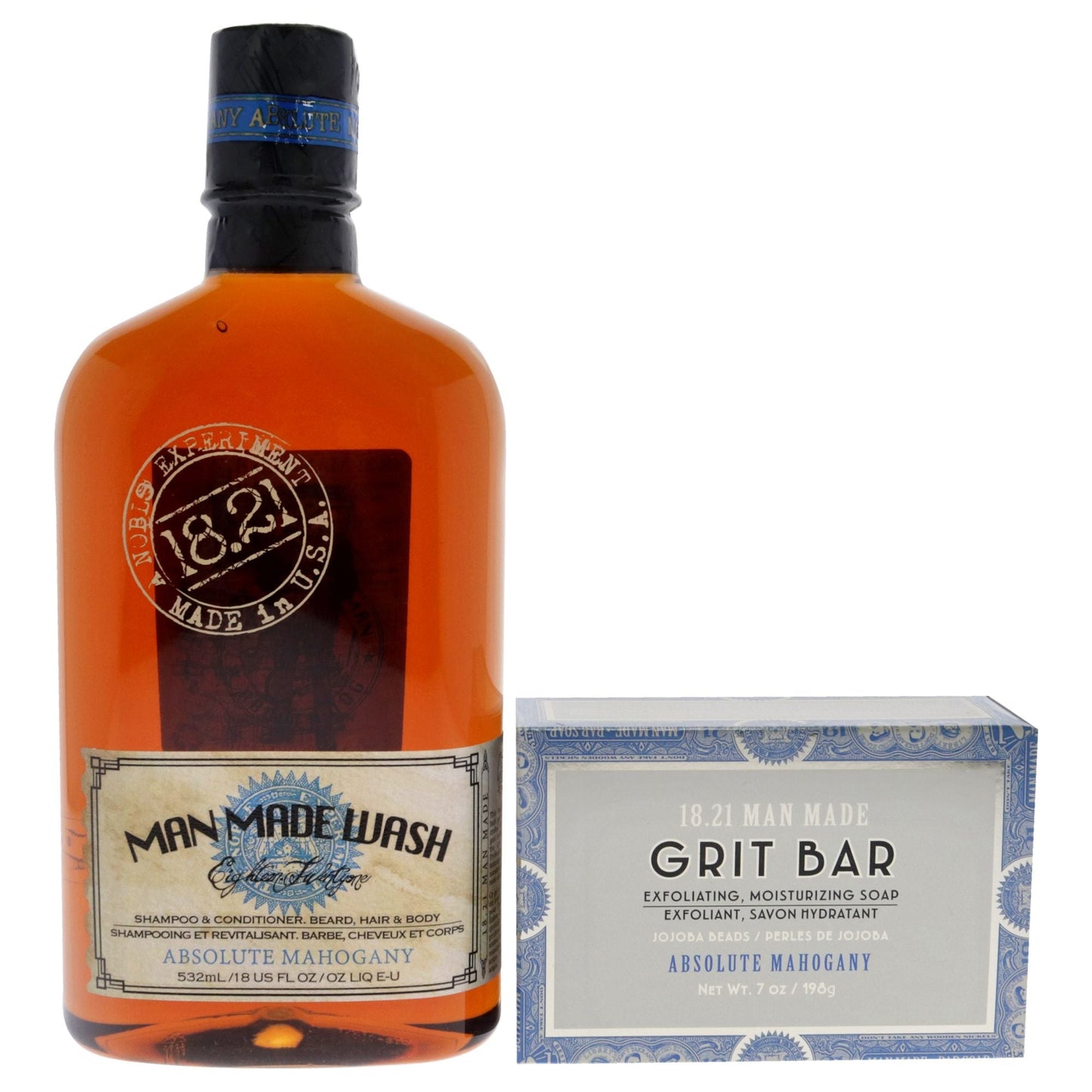 Book of Good Grooming Volume 2 Set - Absolute Mahogany by 18.21 Man Made for Men - 2 Pc 18oz Man Made Wash 3-In-1 Shampoo, Conditioner and Body Wash, 7oz Grit Bar