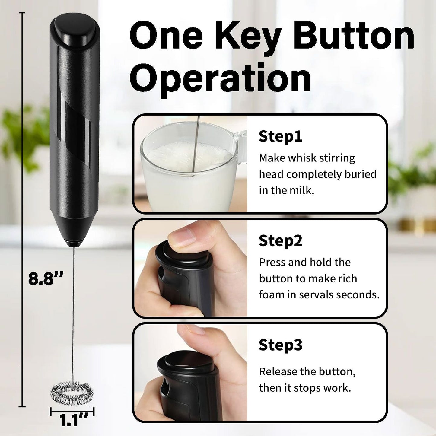 Milk Frother, Handheld Electric Blender stick, Drink Mixer with F ood G rade Stainless Steel Stirrer, Battery Operated Foam Maker for Coffee, Cappuccino, Frappe, Matcha, Hot Chocolate Latte
