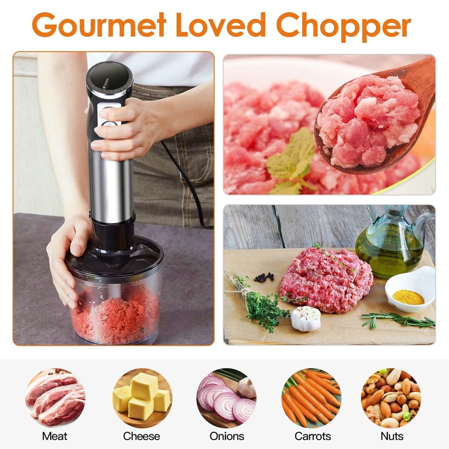 1000W 5 In 1 Immersion Hand Blender Stainless Steel Hand Mixer with 12 Speeds Turbo Mode Food Processor with 20Oz Beaker 17Oz Chopper Whisk Milk Frother