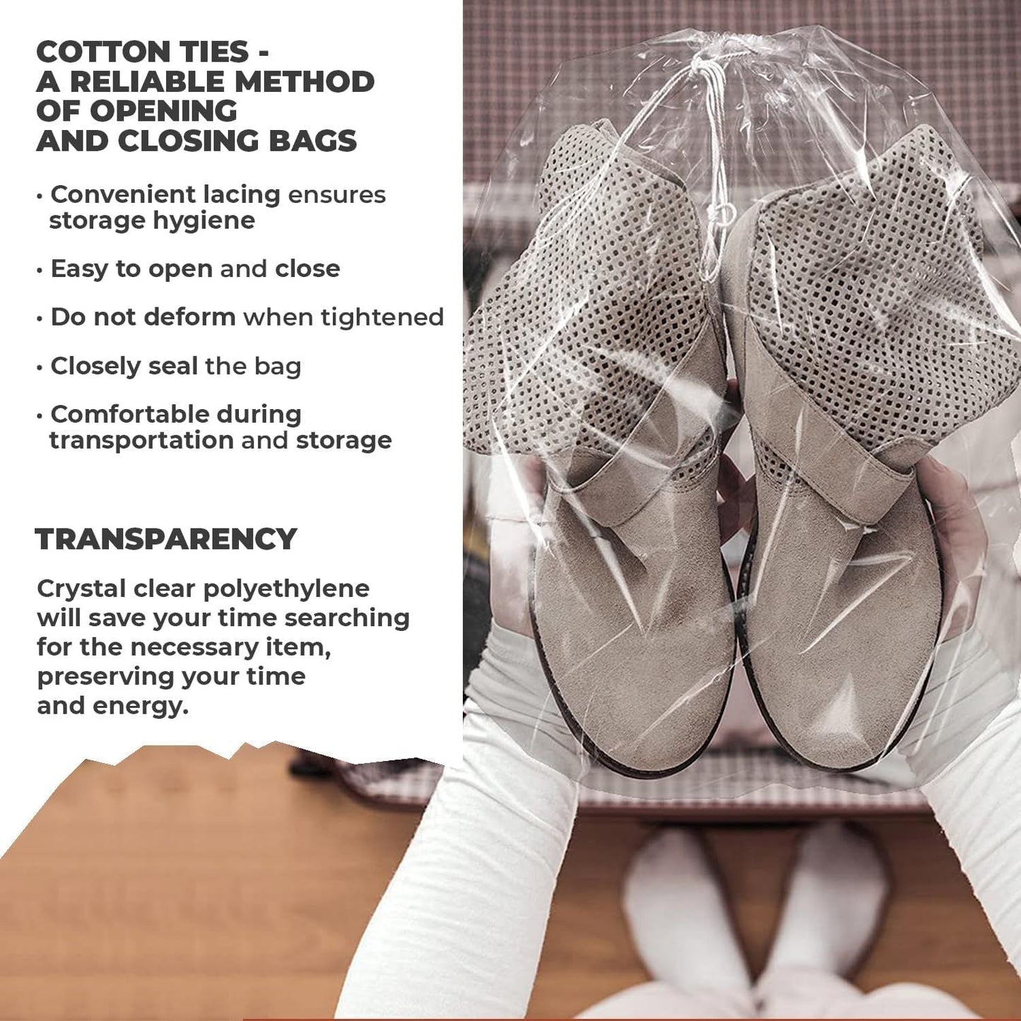 Clear Drawstring Travel Bags for Shoes, 12 x 16 Inches. Pack of 100 Waterproof Dust Bags for Shoes with Double Cotton Drawstrings. 2 mil PE Plastic Drawstring Bags for Packing, Storage