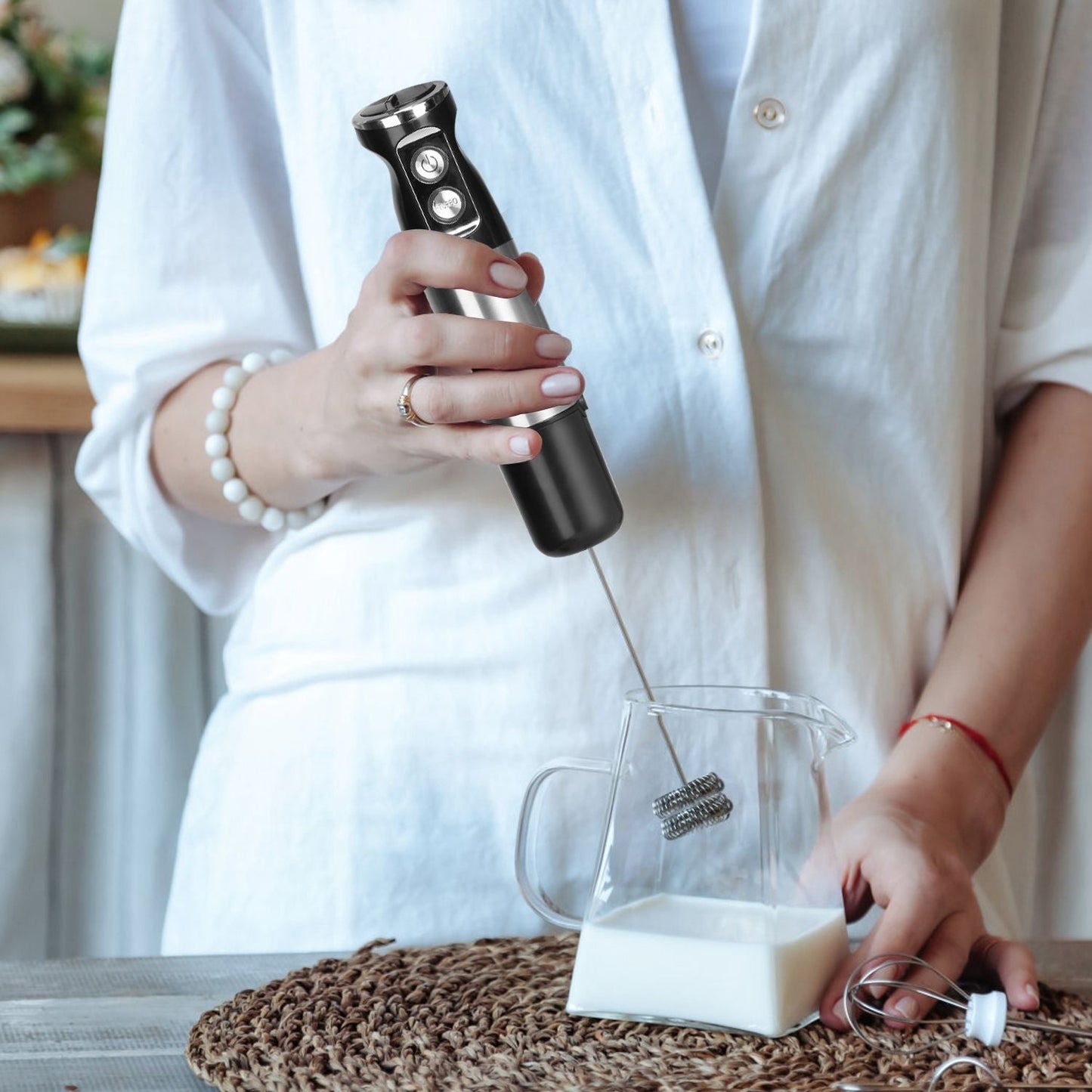 1000W 5 In 1 Immersion Hand Blender Stainless Steel Hand Mixer with 12 Speeds Turbo Mode Food Processor with 20Oz Beaker 17Oz Chopper Whisk Milk Frother