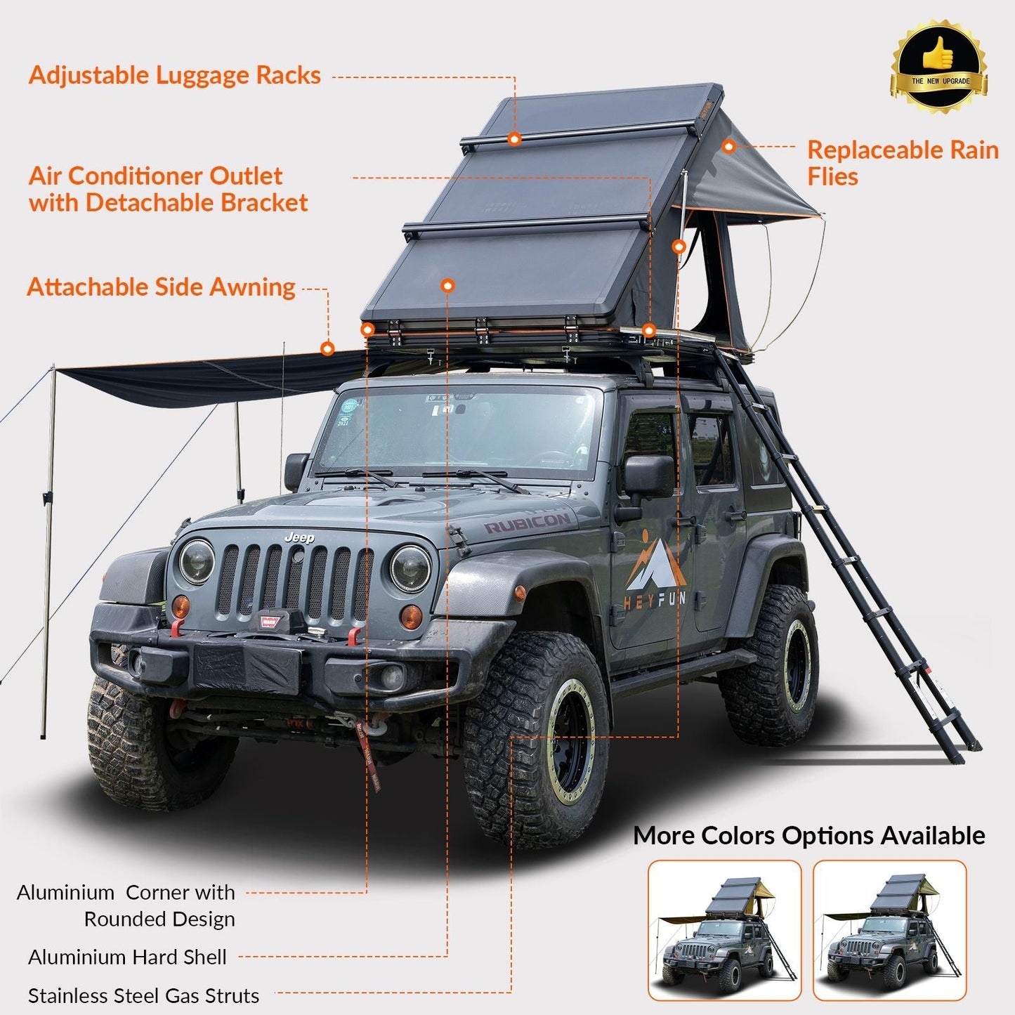 Roll over image to zoom in Adventurer Plus Rooftop Tent Hardshell with Side Awning, Air Conditioner Outlet with Bracket, &Replaceable Rain Flies, Truck Bed Tent for Camping, Pop Up Overland Roof Tents