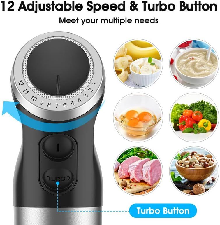 KOIOS Immersion Blender Handheld, 1000W 12-Speed 5 in 1 Hand Mixer Stick Blender with 304 Stainless Steel Blade, Food Processor, Beaker, Egg Whisk and Milk Frother,B PA-F ree, for Smoothies Baby Food