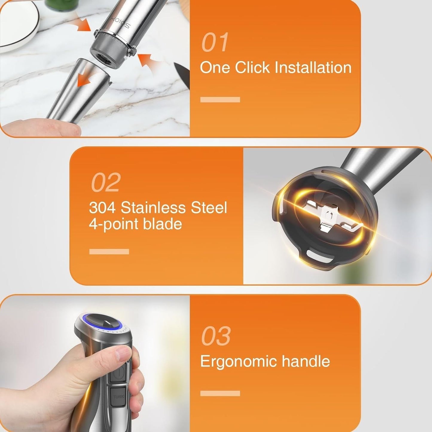 KOIOS 1100W Immersion Hand Blender, Stainless Steel Stick Blender with 12-Speed & Turbo Mode, 5-in-1 Handheld Blender with 600ml Mixing Beaker with Lid, 500ml Chopper, Whisk, Milk Frother, B PA-F ree