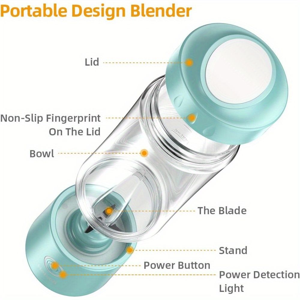 Portable Blender USB Rechargeable, Personal Size Blender for Shakes and Smoothies, Strong Cutting Power with Six Blades, 13.5Oz Juicer Cup for Sports, Travel