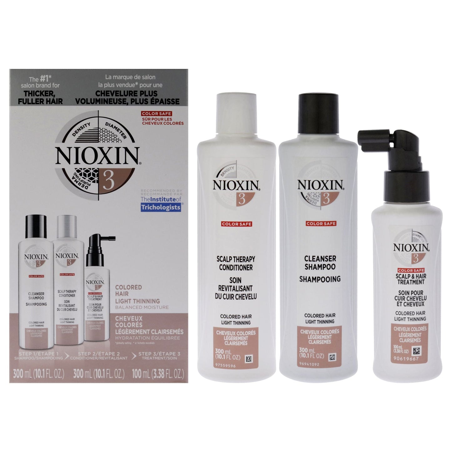 System 3 Kit by Nioxin for Unisex - 3 Pc 10.1oz Color Safe Cleanser Shampoo, 10.1 oz Color Safe Scalp Therapy Conditioner, 3.38oz Color Safe Scalp and Hair Treatment
