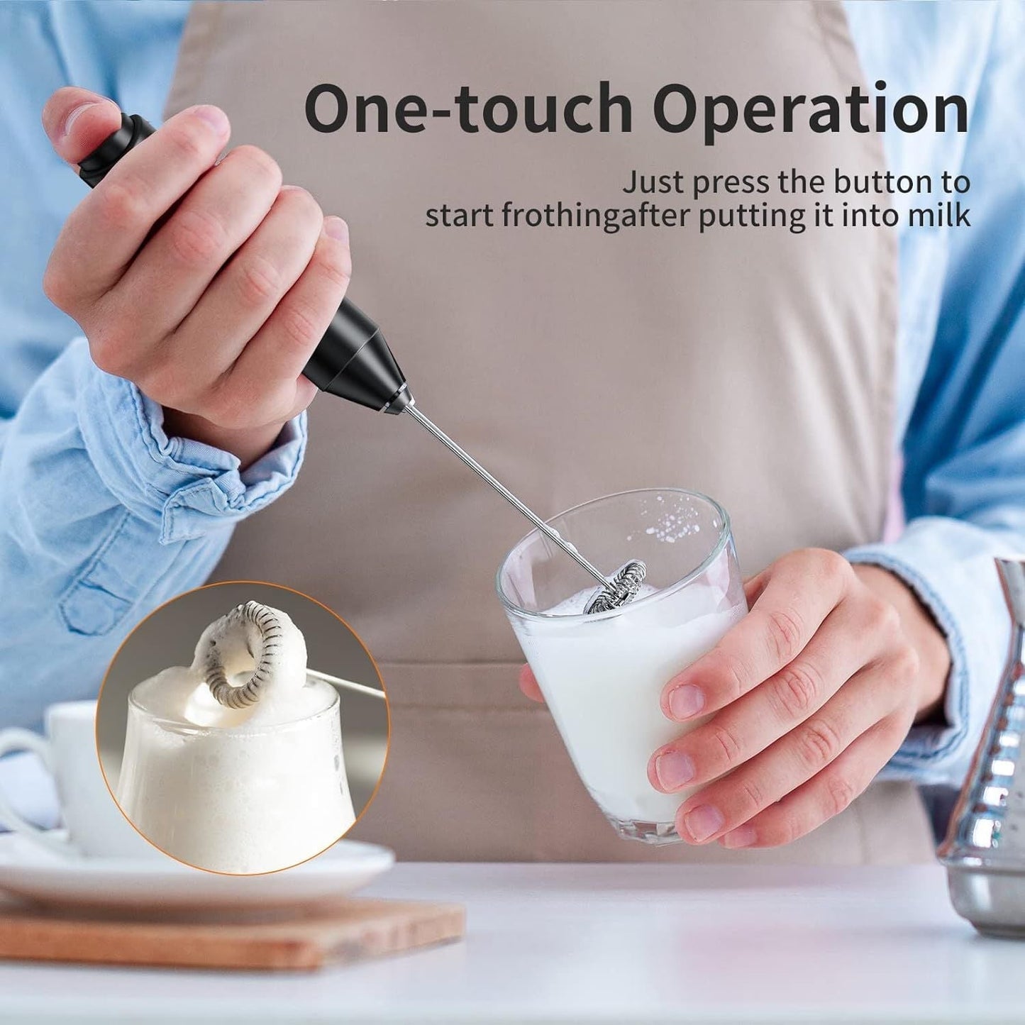 Milk Frother, Handheld Electric Blender stick, Drink Mixer with F ood G rade Stainless Steel Stirrer, Battery Operated Foam Maker for Coffee, Cappuccino, Frappe, Matcha, Hot Chocolate Latte