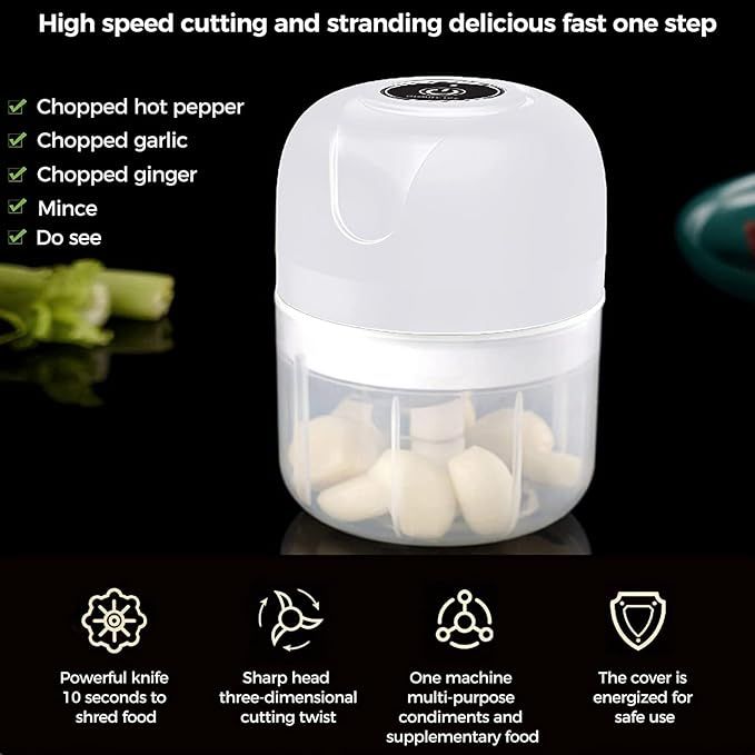 Mini Electric Garlic Chopper, Food Processors Small, Garlic Mincer Crusher Vegetable Chopper, Meat Grinder Masher Kitchen Tool, Portable Blender for Onion, Ginger, Veggie, Spice, Herb, Fruit, Nuts