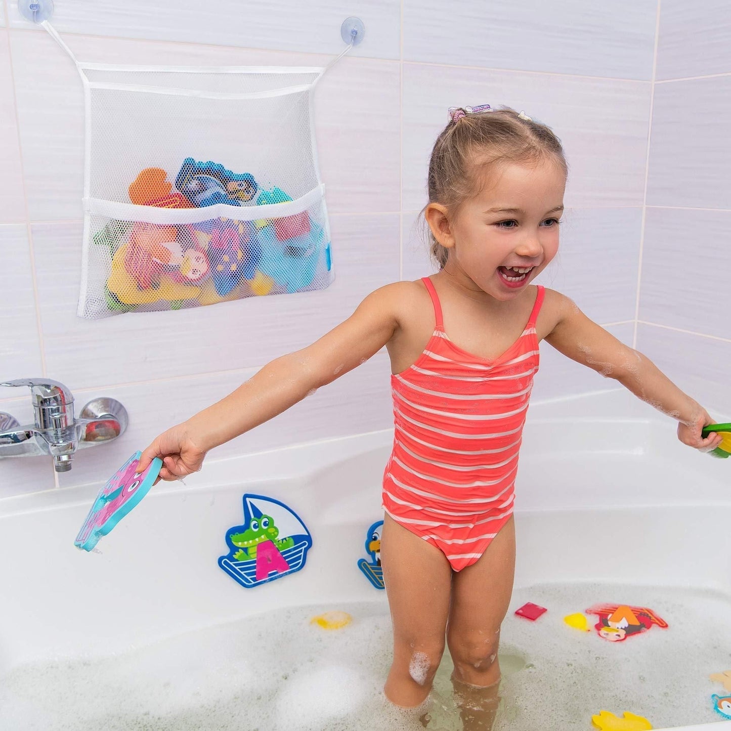 Bath Toy Organisers Set of 2 Large Size 14.16 x 19.67 in and 15.75 x 19.68 in Storage Net Bags for Baby Bathtub Toys 4 Strong Suction Cups Bathroom Shower Caddy Holder Multi Use for Kids Toddlers