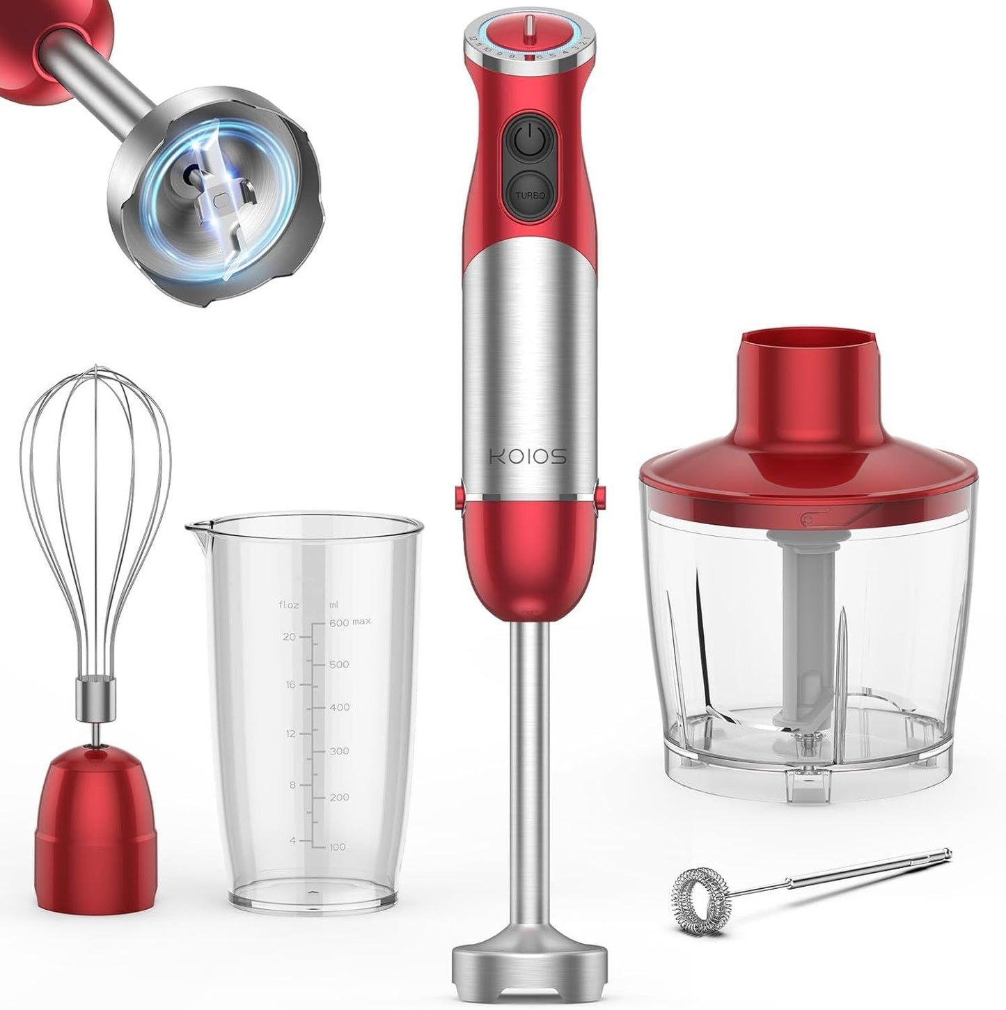 KOIOS 5-in-1 Hand Immersion Blender, 1000W 12 Speed Handheld Blender, Copper Motor Stainless Steel Blade Stick Blender,600ml Mixing Beaker,500ml Food Processor, Whisk, Milk Frother, B PA-F ree, Red