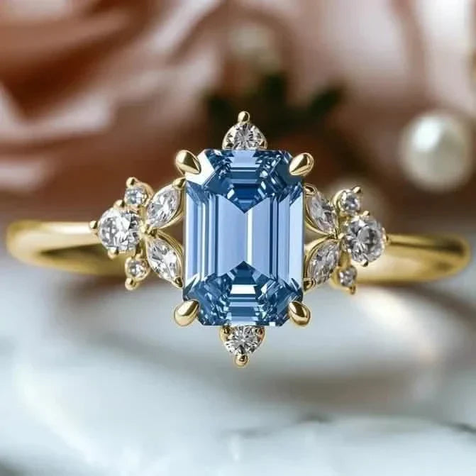 Elegant Gold-Plated Copper Engagement Ring with Square Blue Cubic Zirconia