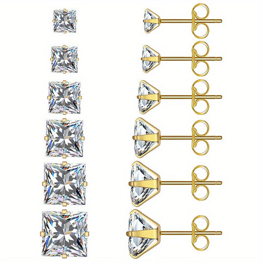 316 Stainless Steel Square Stud Earrings with Cubic Zirconia Accents