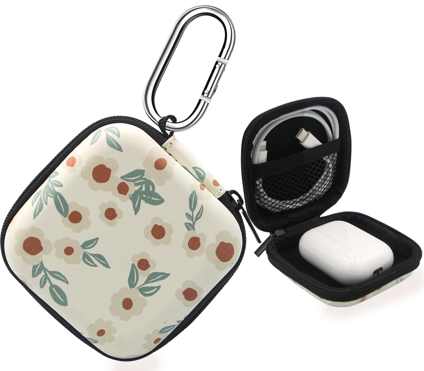 PowerDriver Earbud CaseHeadphone Organizer Earbud Storage Bag Hard EVA Shockproof Cover Carrying Case with Carabiner Clip Compatible with AirPods 4 AirPods Pro 2nd /3/2/1 Bose Galaxy (Small Flower)