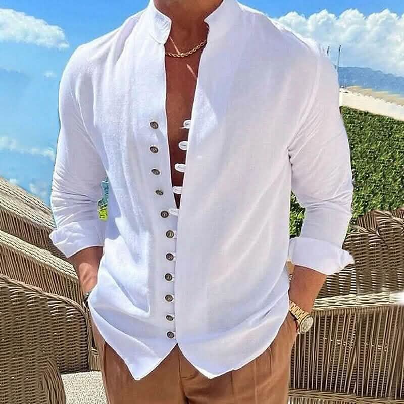 Men's Linen Button Up Shirt Long Sleeve Plain Band Collar