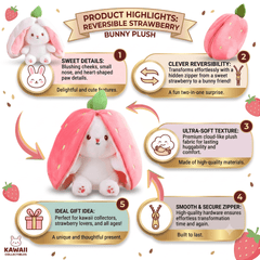 Reversible Strawberry Bunny Plush Toy Soft Polyester Kids Easter Basket Stuffer Gift Birthday Surprise for Girls and Boys