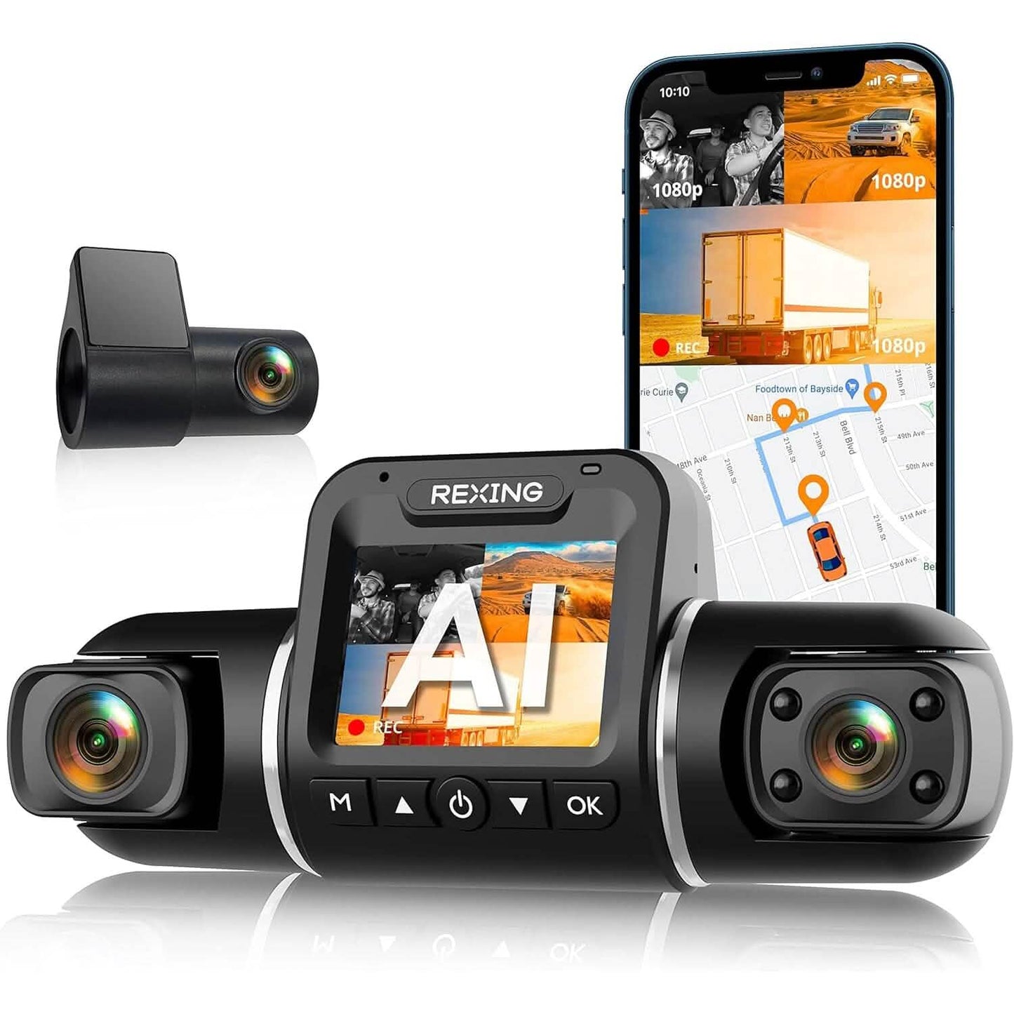 RexingUSA V2 PRO AI Dash Cam 3-Channel Front/Cabin/Rear  (Refurbished)