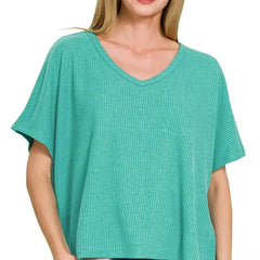 Ribbed V-Neck Short-Sleeve Knit Top in Lt Teal