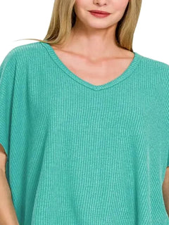 Ribbed V-Neck Short-Sleeve Knit Top in Lt Teal