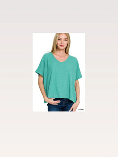 Ribbed V-Neck Short-Sleeve Knit Top in Lt Teal