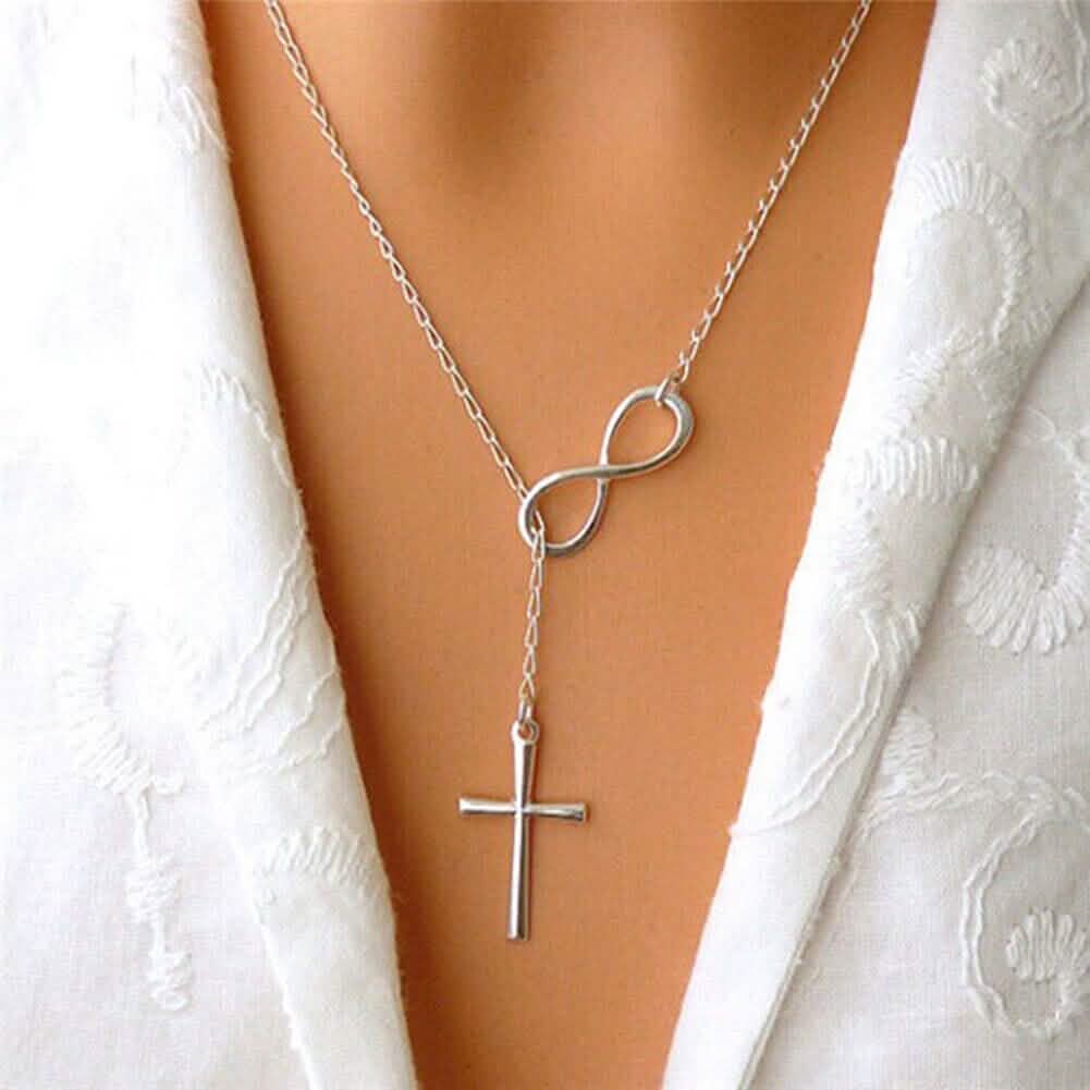 Silver Filled High Polish Finish Infinity Drop Cross Lariat Necklace
