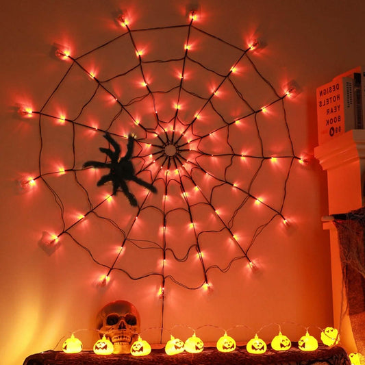 Spider Web Light with Hairy Spider 70LED Battery Powered Remote Control 8 Lighting Modes