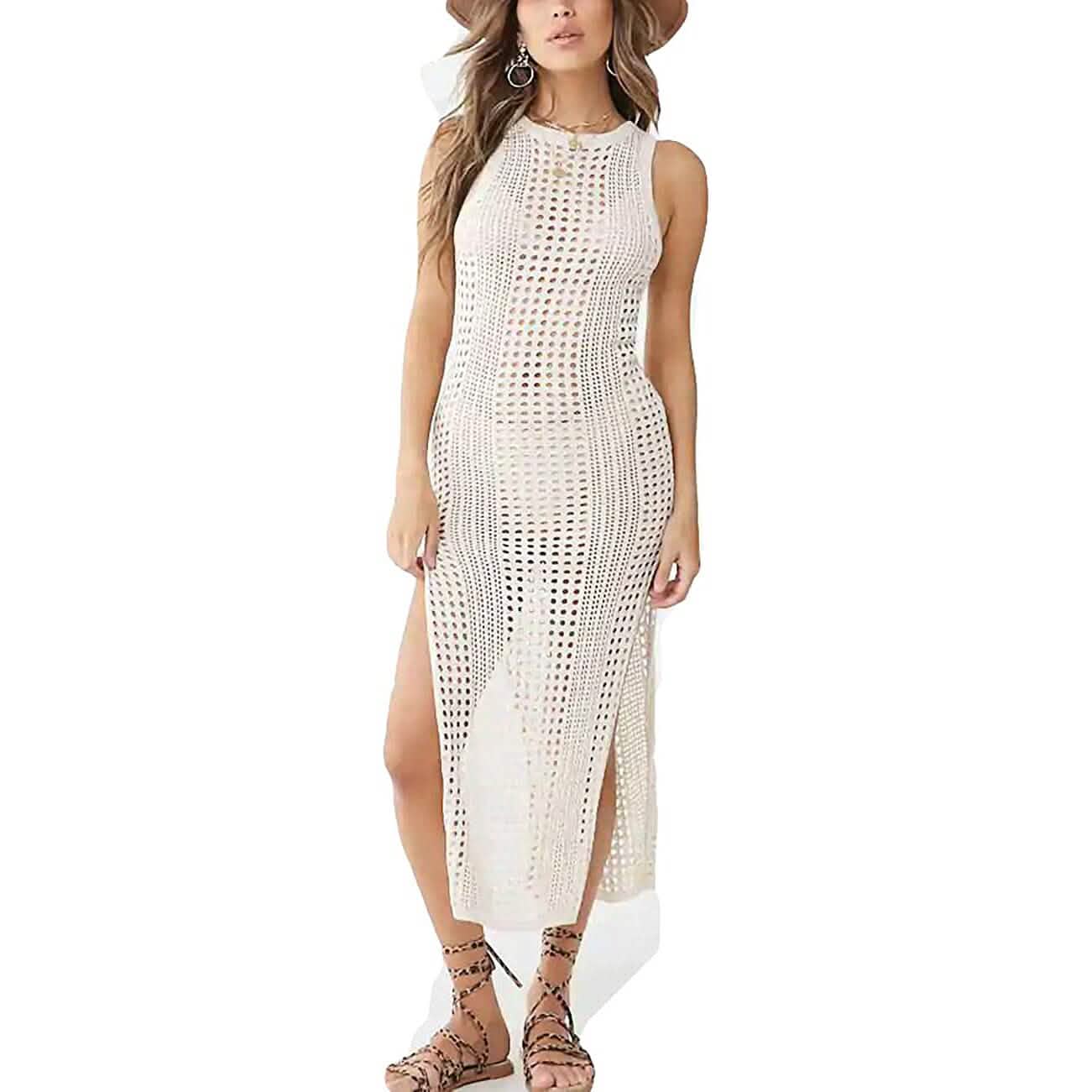 Women Hollow Out Sleeveless Bikini Swimsuit Side Split Long Beach Dresses