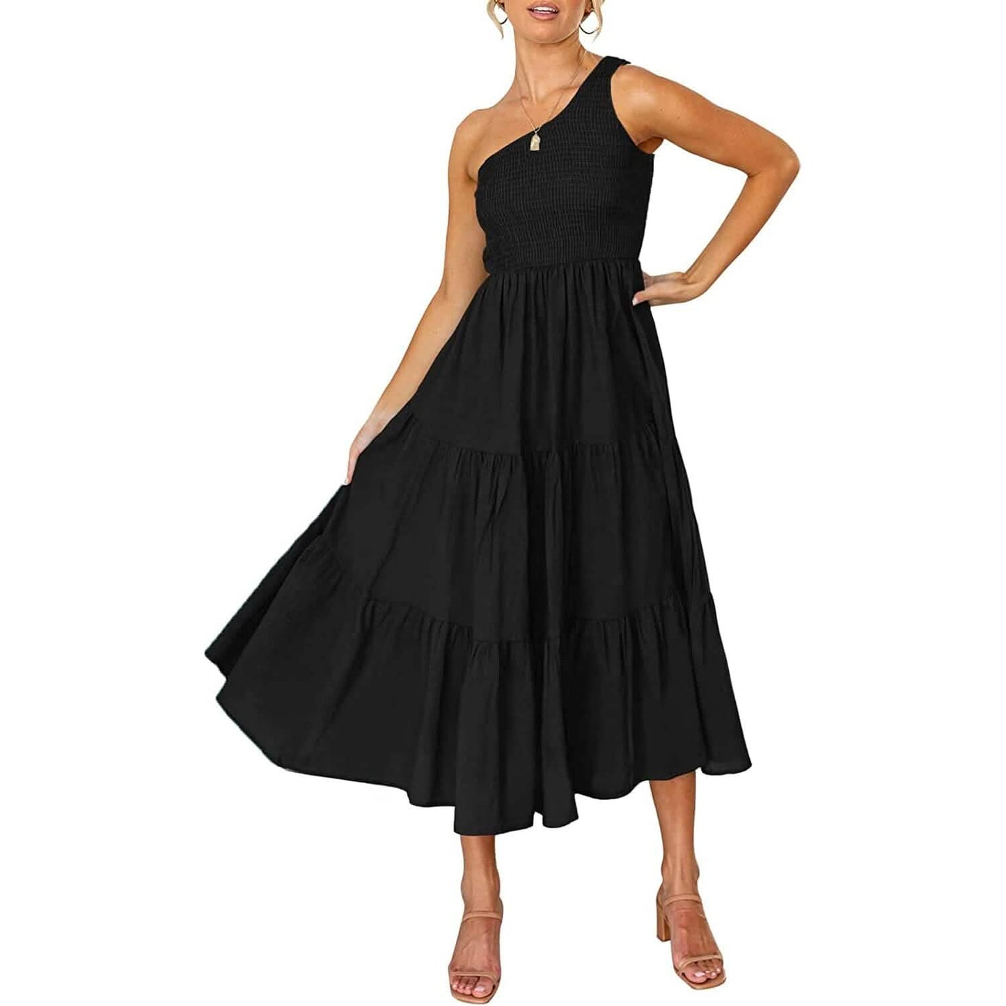 Womens One Shoulder Sleeveless Smocked Ruffle Tiered Beach Long Midi Dress