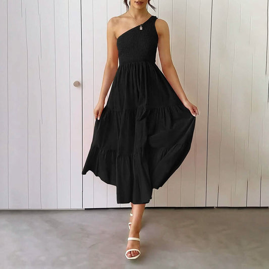 Womens One Shoulder Sleeveless Smocked Ruffle Tiered Beach Long Midi Dress